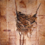 "Fragile Home 2"; Hand-colored inkjet photograph on tea bags, mounted on wood; 12" x 12" x 1.5"; 2011